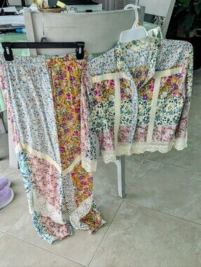 POL Floral Patchwork Cropped Pants & Matching Top in Pink, Yellow, Green, Cream